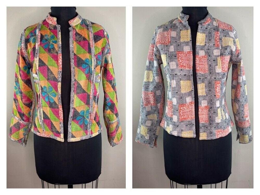 Mieko Mintz Vintage Cotton Mandrin Collar Reversible Jacket Art to Wear S M RARE